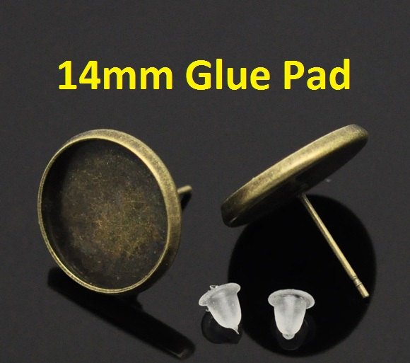 14mm Glue Pad Silver Plated Earring Posts Studs Settings Bezels Cabochons Tacks 