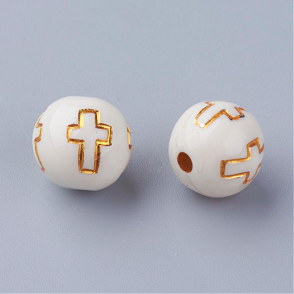 Gold Plated Cross Design 100 pcs Ivory Cream Acrylic Round Spacer Beads 8mm