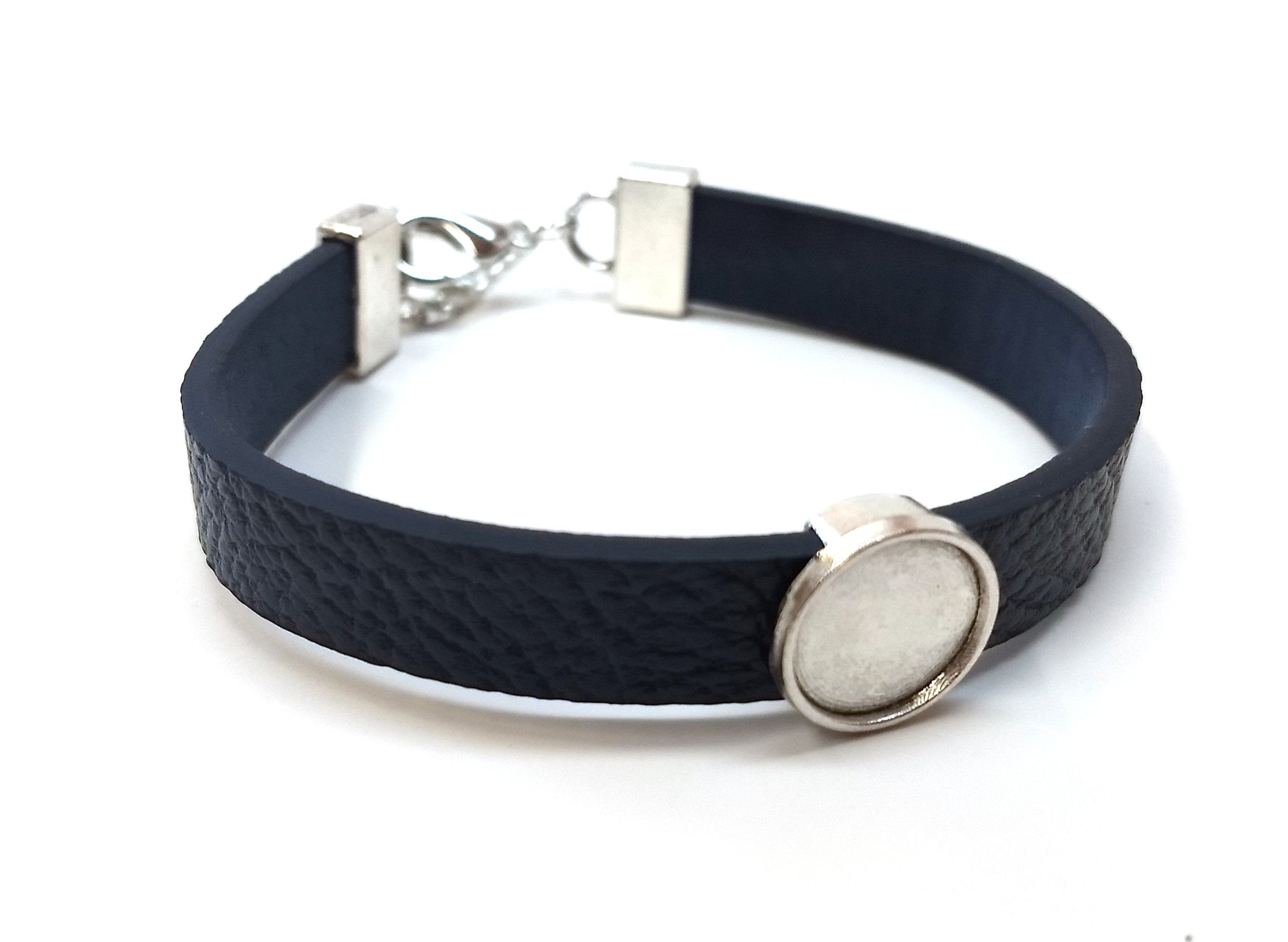 B067 2 pcs. Blue Faux Leather Bracelets with 12mm Glue Pad Bezel
