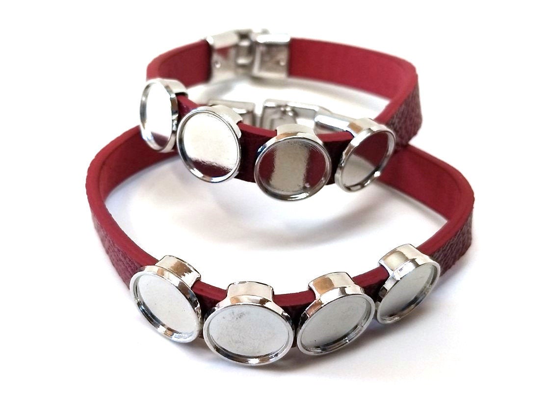Red Faux Leather Bracelets with 12mm Glue Pad Bezel Trays and Extender Chains 2 pcs Adjustable from 7 to 9-4 Settings