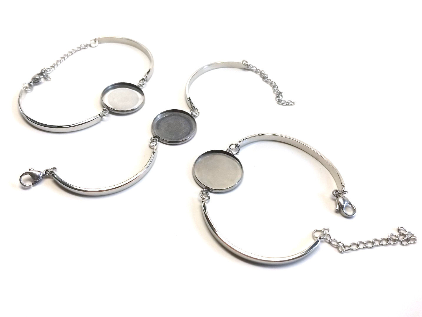 2 pcs with Extender Chain 25mm Glue Pad 316 Stainless Steel Silver Tone Bezel Cabochon Bracelets