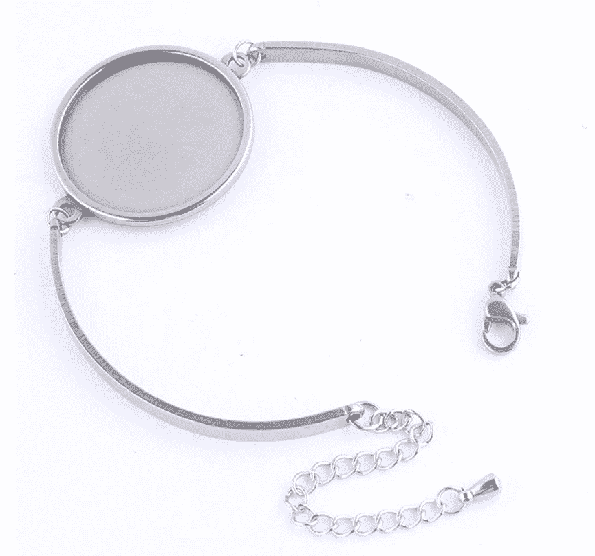2 pcs with Extender Chain 25mm Glue Pad 316 Stainless Steel Silver Tone Bezel Cabochon Bracelets